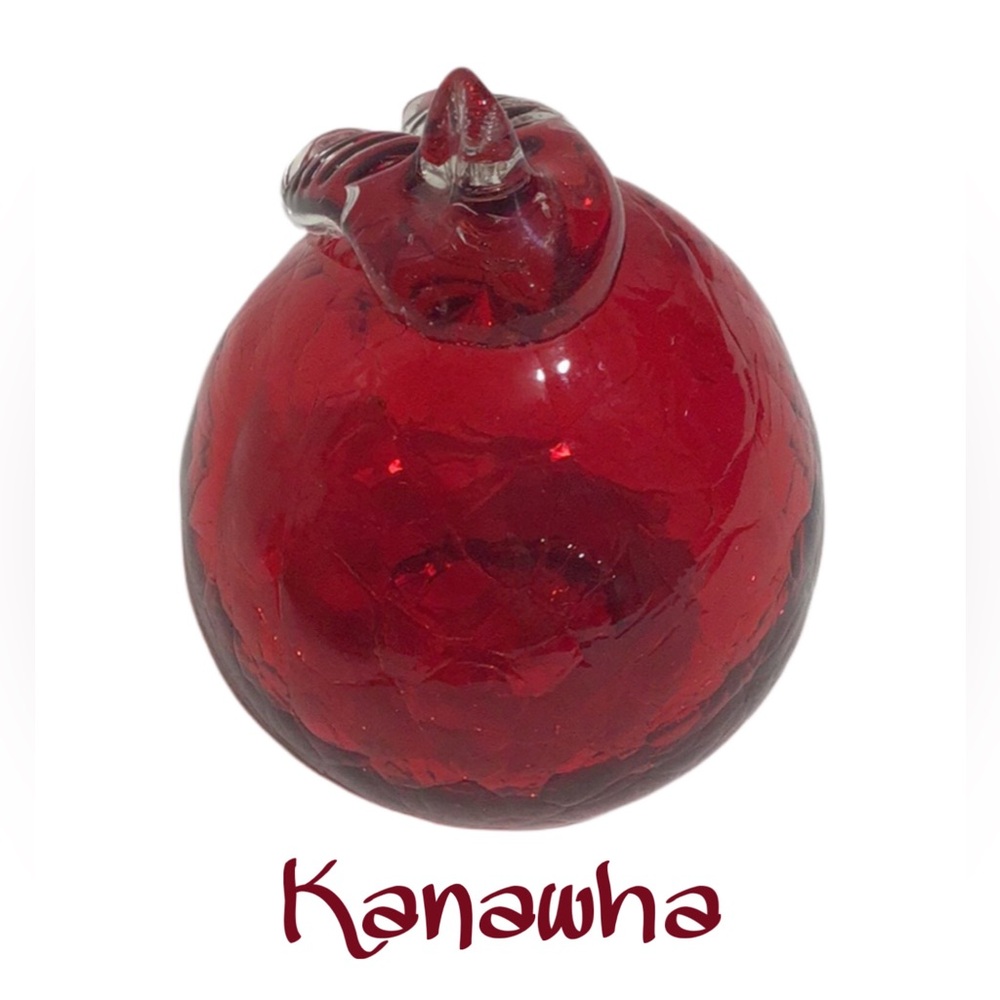 KANAWHA Vintage Crackle Art Glass Ruby Red Hand Blown Apple Paperweight 4”